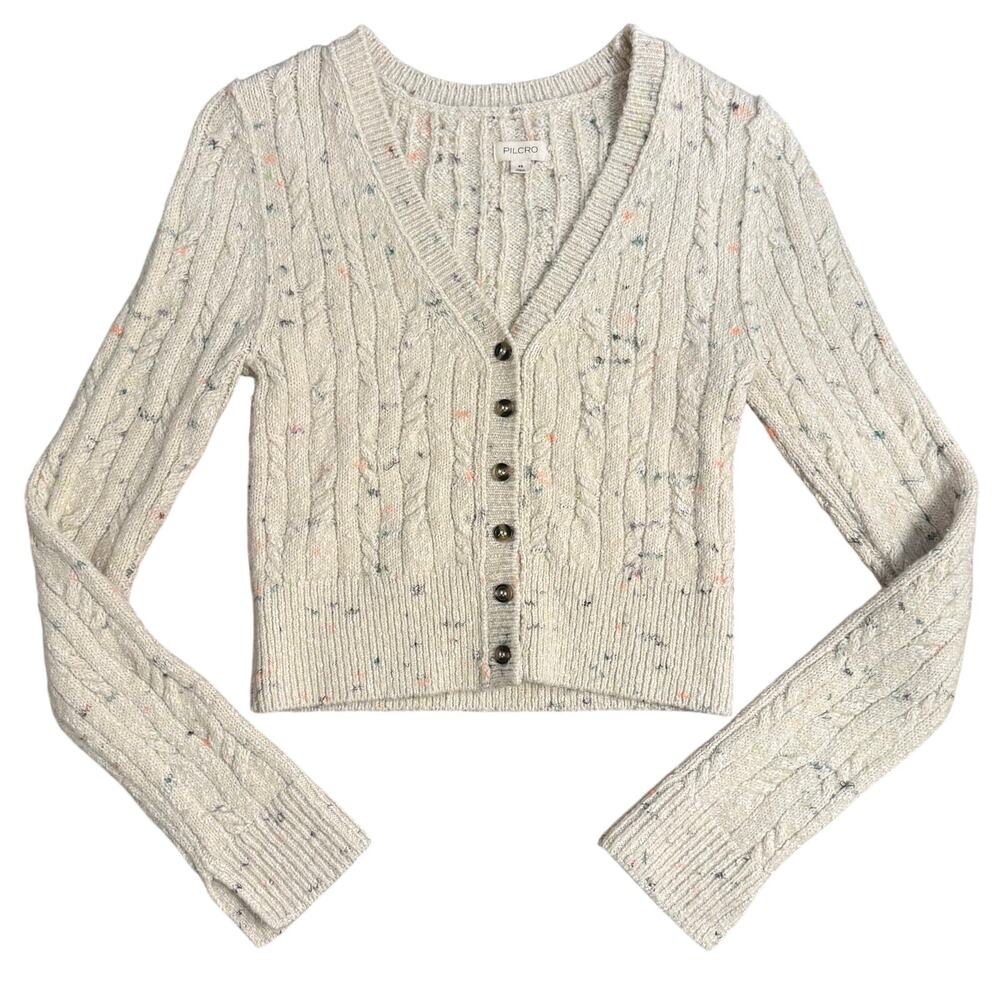 Pilcro Micro Cardigan Sweater Cable Knit Crop Anthropologie Confetti Oatmeal XS